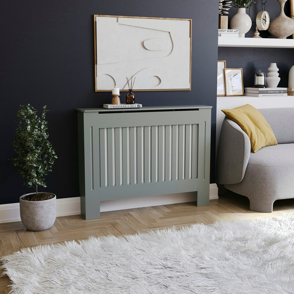 image 1 of Vida Designs Chelsea Radiator Cover Painted MDF Slatted Cabinet, Grey, 112cm