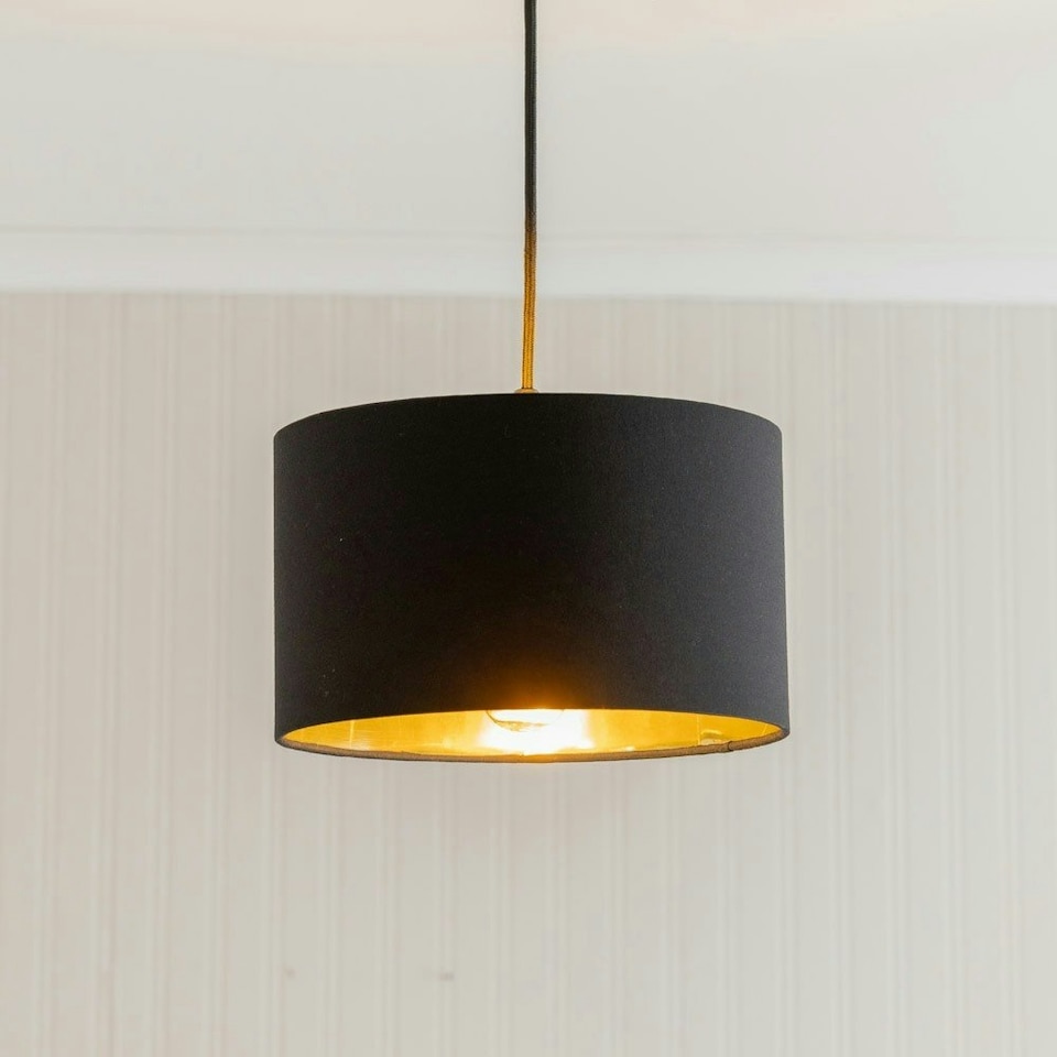 image 1 of ValueLights Reni Black Fabric Gold Inner Lamp Shade & Bulb Black