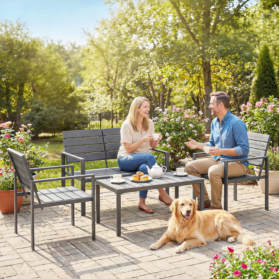 image 1 of Outsunny 4 Piece Garden Furniture Set, HDPE Metal Outdoor Sofa, Dark Grey | Grey | Dark Grey | Four Seater