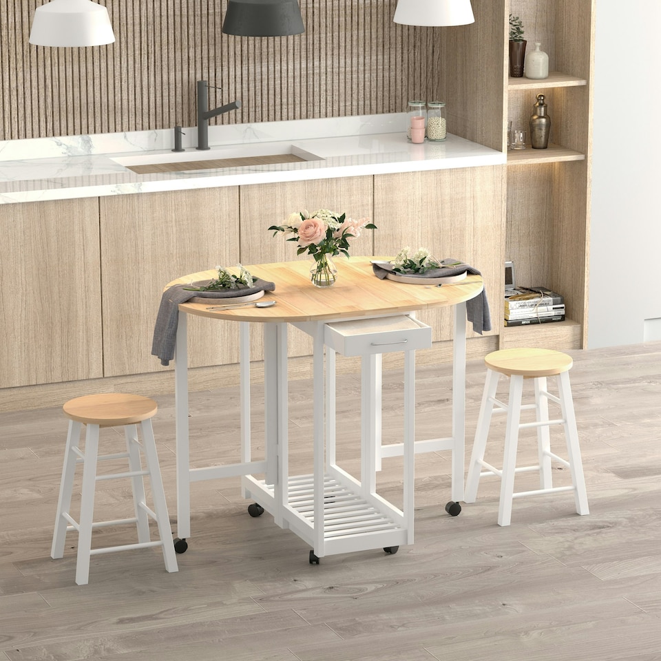 image 1 of HOMCOM 3pc Wooden Kitchen Cart Trollet Table Folding Stools Space-saving