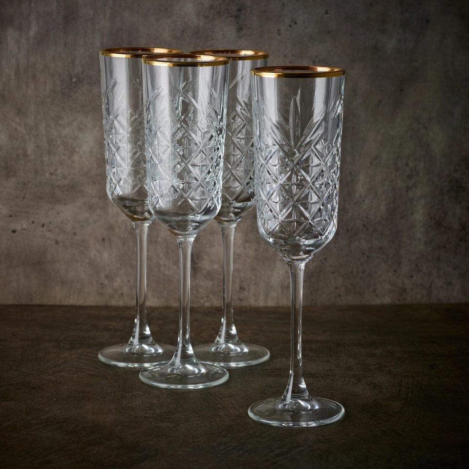 image 1 of Timeless Champagne Flutes With Gold Rim Party Glassware Gift Set 175ml | Clear | Clear | Set of 8