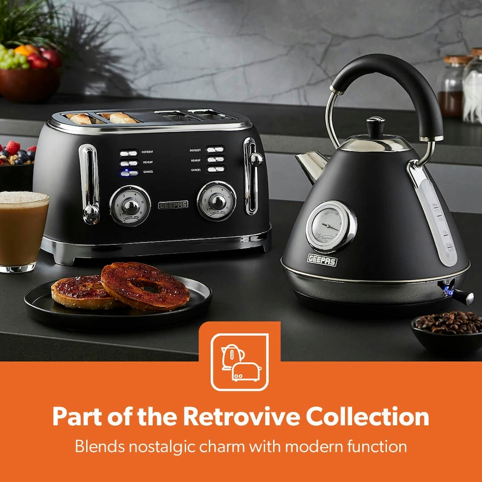 image 1 of GEEPAS Electric Kettle | Vintage Cordless Stainless Steel, 1.7L | 3000W Retrovive Black