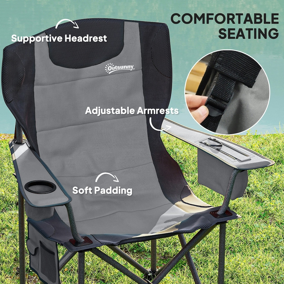 image 1 of Outsunny Set of 2 Padded Folding Picnic Chairs with Cooler Bag, Grey Black | Black