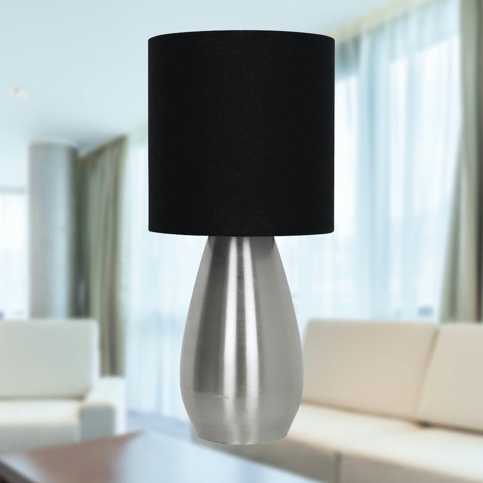image 1 of First Choice Lighting Bullet Satin Nickel Touch Table Lamp with Black Fabric Shade Silver | Black