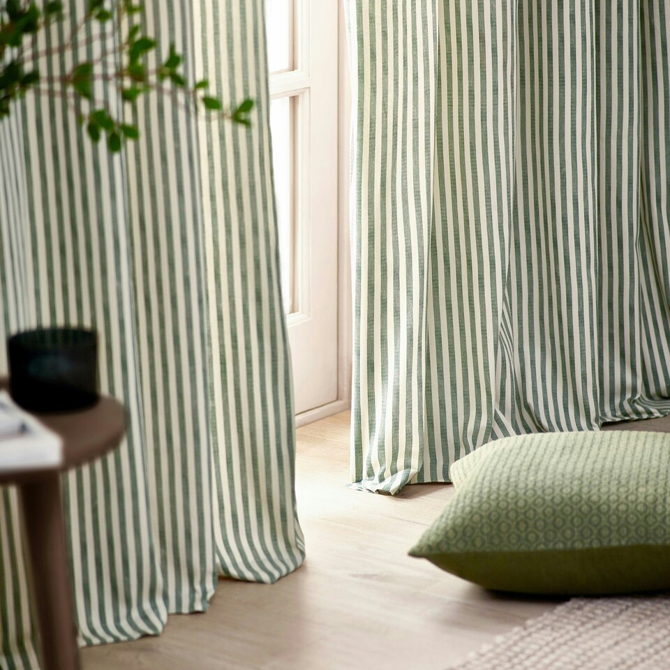 image 1 of Yard Hebden Striped Cotton Forest Pencil Pleat Curtains 117 x 183cm