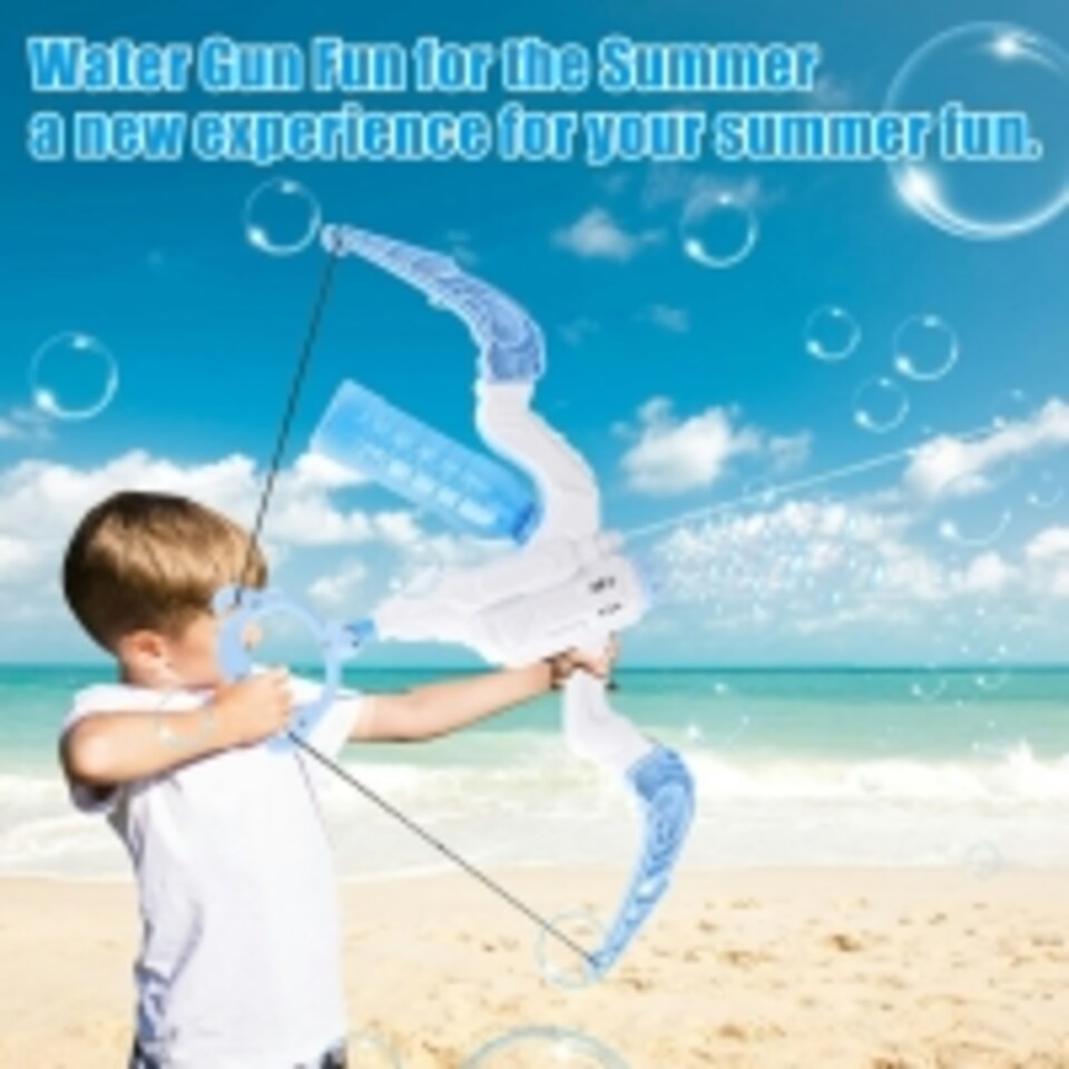 image 1 of 3-in-1 Blue Bow and Arrow Bubble Gun – Water Blaster Archery Toy with Lights – Leak-Proof Outdoor Summer Gift for Kids Ages 3+