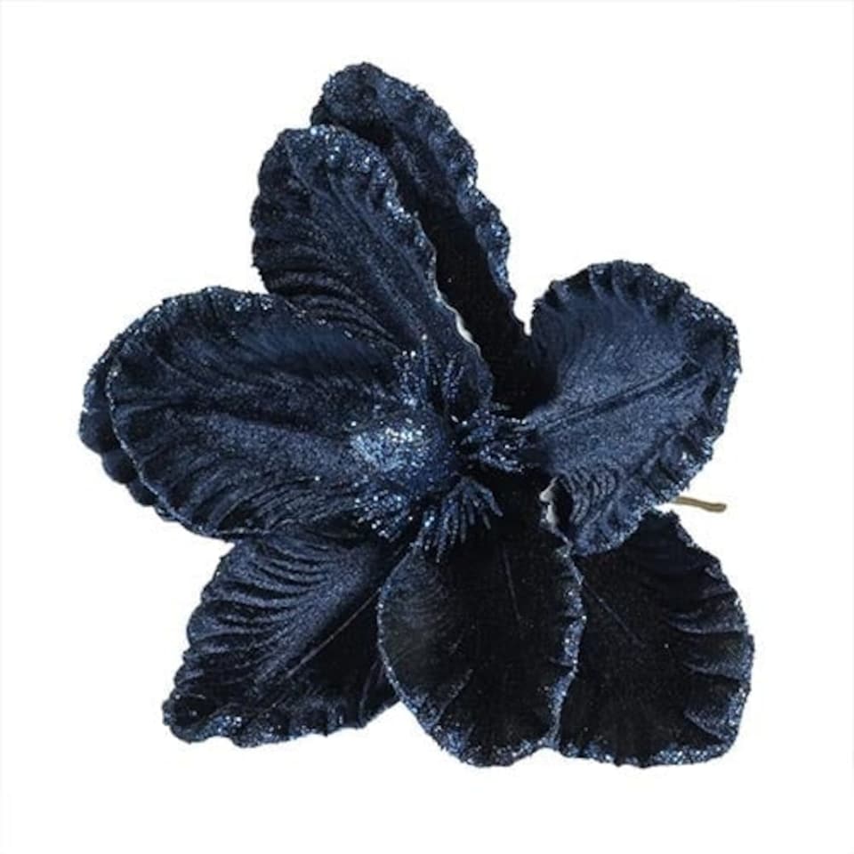 Navy Blue Velvet Magnolia with Glitter Edge Artificial Flower Decoration 26cm