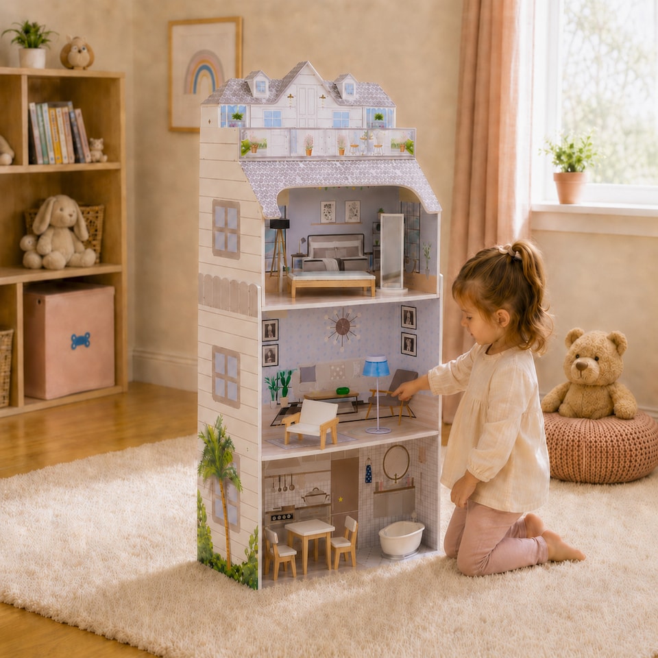 image 1 of Teamson Kids 3-Story Dollhouse with 8 Furnishings, Grey, Dreamland Penthouse