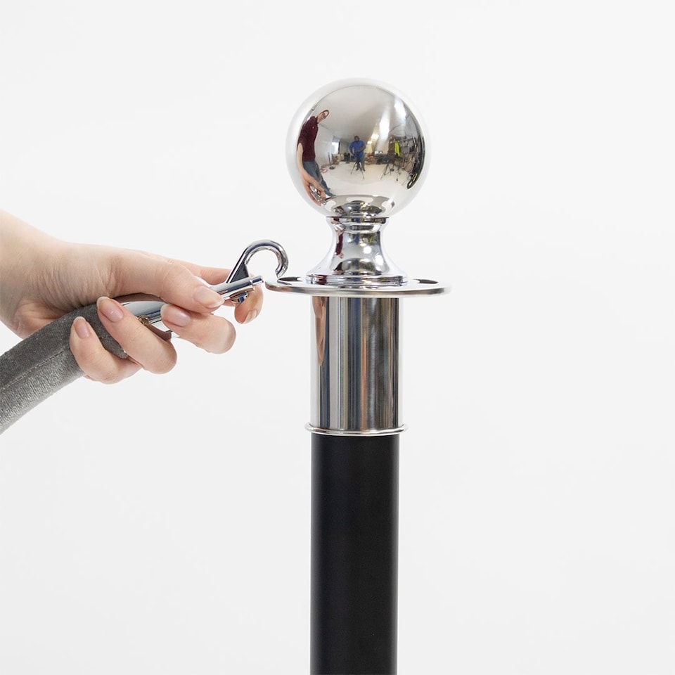 image 1 of 2 Silver Finish Black Stanchion Poles with 1 Yellow Gold Velvet Rope