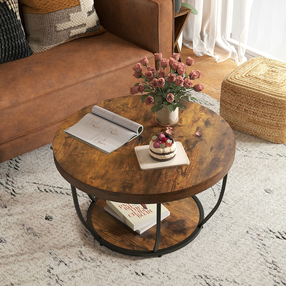 image 1 of COSTWAY 2-Tier Round Coffee Table 80cm Tea Cocktail Table Brown