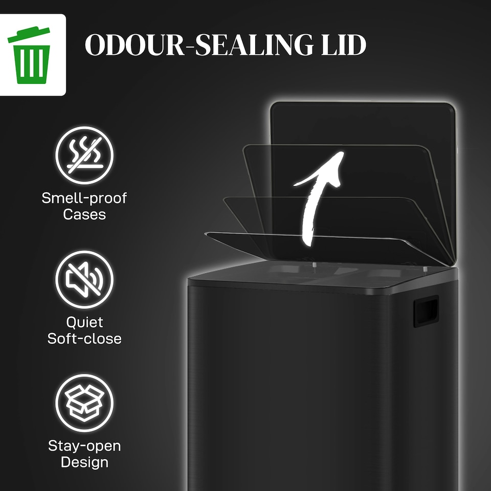 image 1 of HOMCOM 2 x 25L Double Kitchen Bin, Pedal Bin with Soft-Close Lid, Black