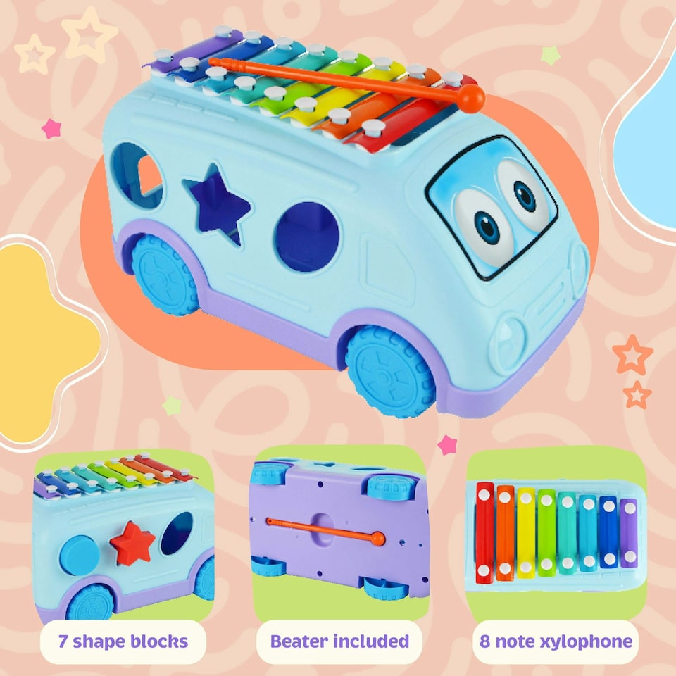 image 1 of Little Star Pull Along Musical Bus Xylophone, Colourful Engaging Shape Sorter for Interactive Musical Development