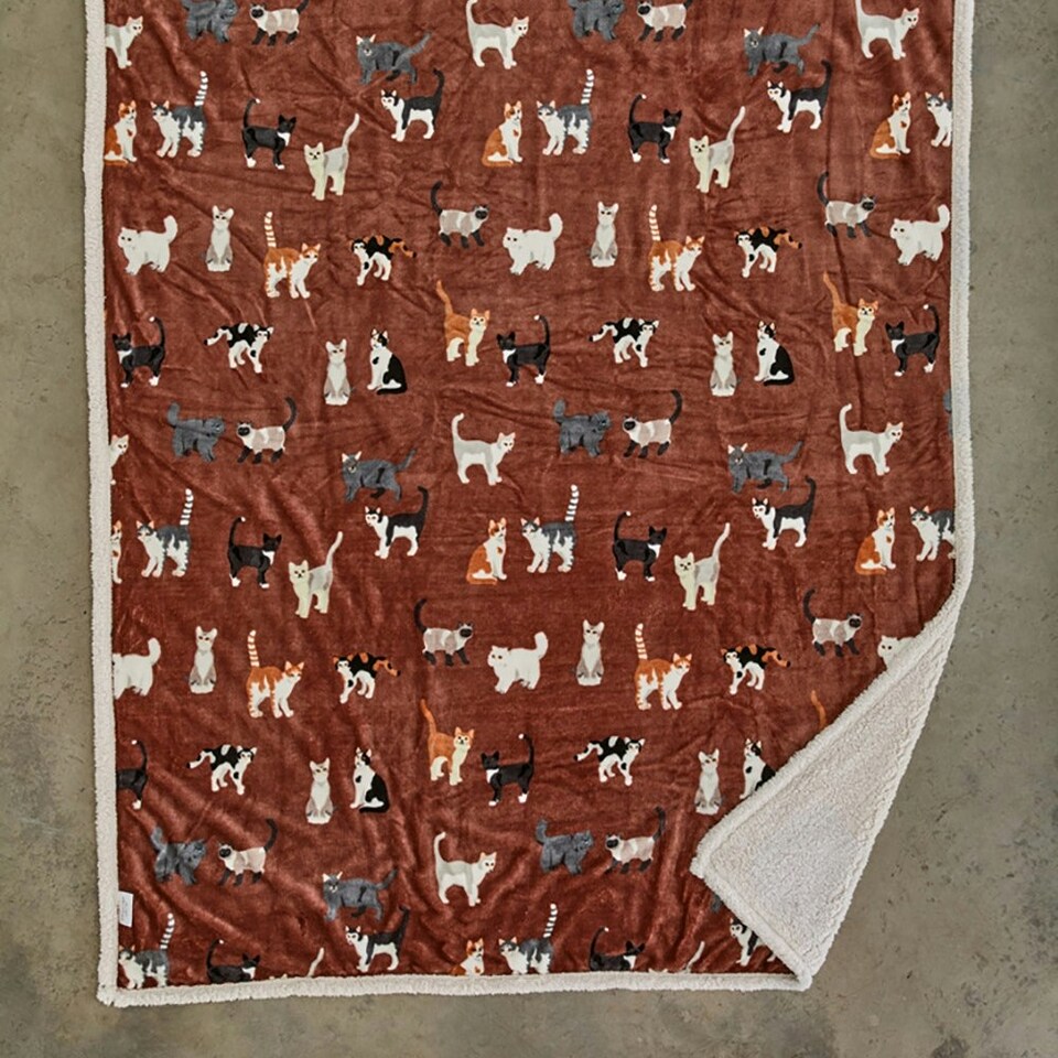 image 1 of Mixed Kitty Brick Cat Print Flannel Throw with Cosy Sherpa Back – 140x180cm Red | Brick