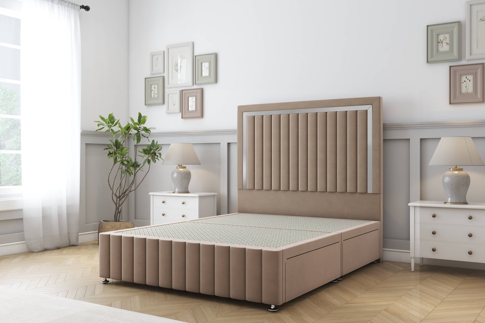 image 1 of Sloomy Boston Chrome Mink Plush Divan Bed Base 2 Drawers Left Side With 54 Inch Floor Standing Headboard & 12 Inch Matching Footboard | Brown | Mink | Super King | 1