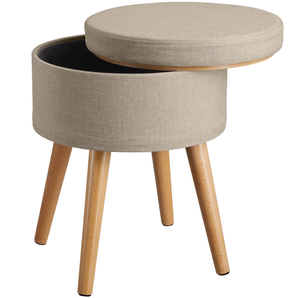 image 1 of Stool Yara - round, padded, with storage space, linen look | Cream | sand | 42,50 x 42,50 x 45,50 cm | 1
