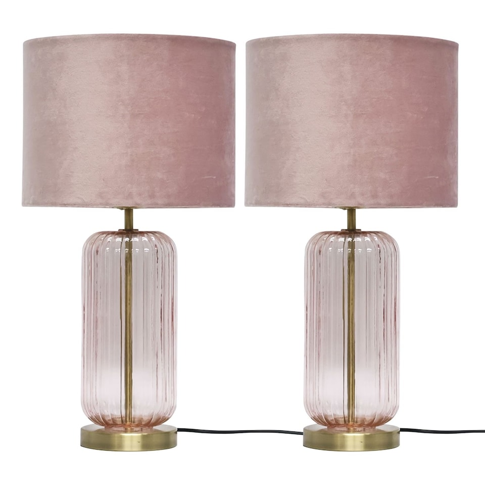 image 1 of Set of 2 Walpole - Blush Glass and Antique Brass 49cm Table Lamps with Pink Velvet Shade | Yellow | Pink | Large | 2