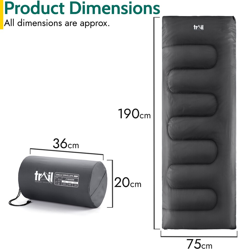 image 1 of Envelope Sleeping Bag 2 Season Single Adult Outdoor Camping 200gsm Trail | Black | Single | 1