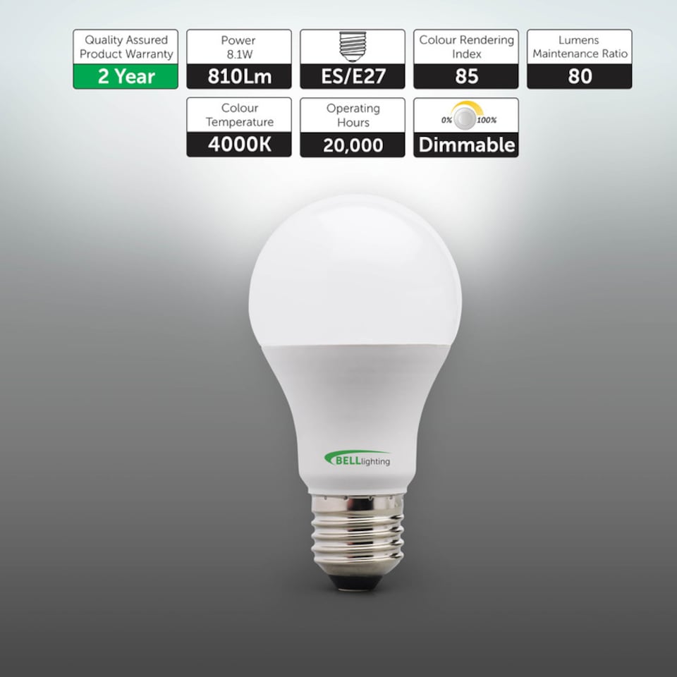 image 1 of BELL Lighting Dimmable E27 GLS Edison Screw Natural White 4000K 8.1W LED Light Bulbs