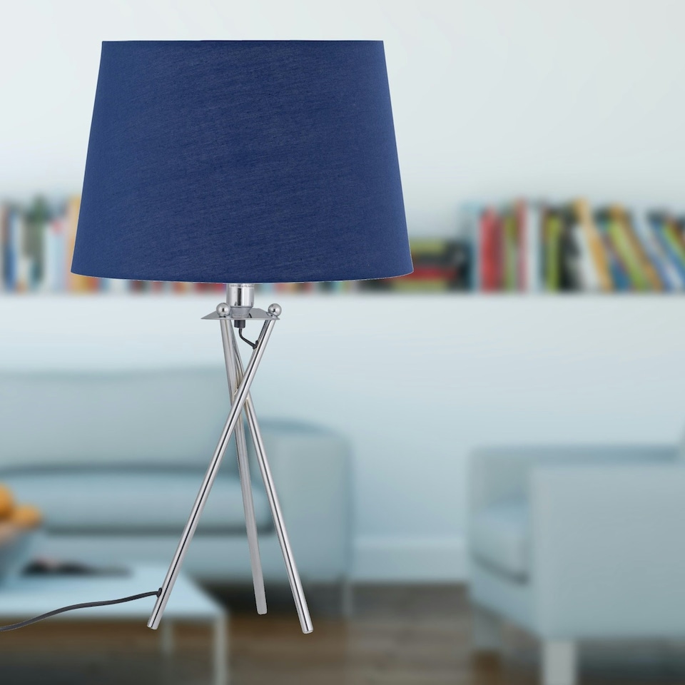 image 1 of First Choice Lighting Set of 2 Tripod Table Lamps with Navy Cotton Fabric Shades Chrome | Blue