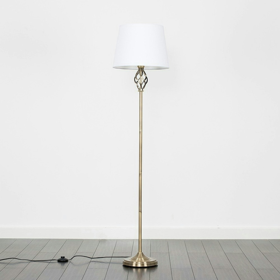 image 1 of ValueLights Memphis Brushed Gold Floor Lamp with Medium White Tapered Shade and E27 GLS LED 10W Warm White 3000K Bulb