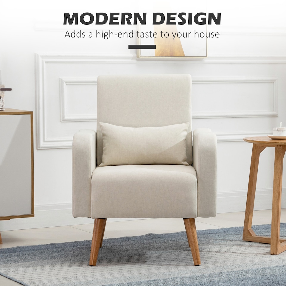image 1 of HOMCOM Accent Chair, Linen-Touch Armchair with Pillow, Upholstered Leisure Lounge Sofa for Living Room, Club Chair with Rubber Wooden Frame, Cream