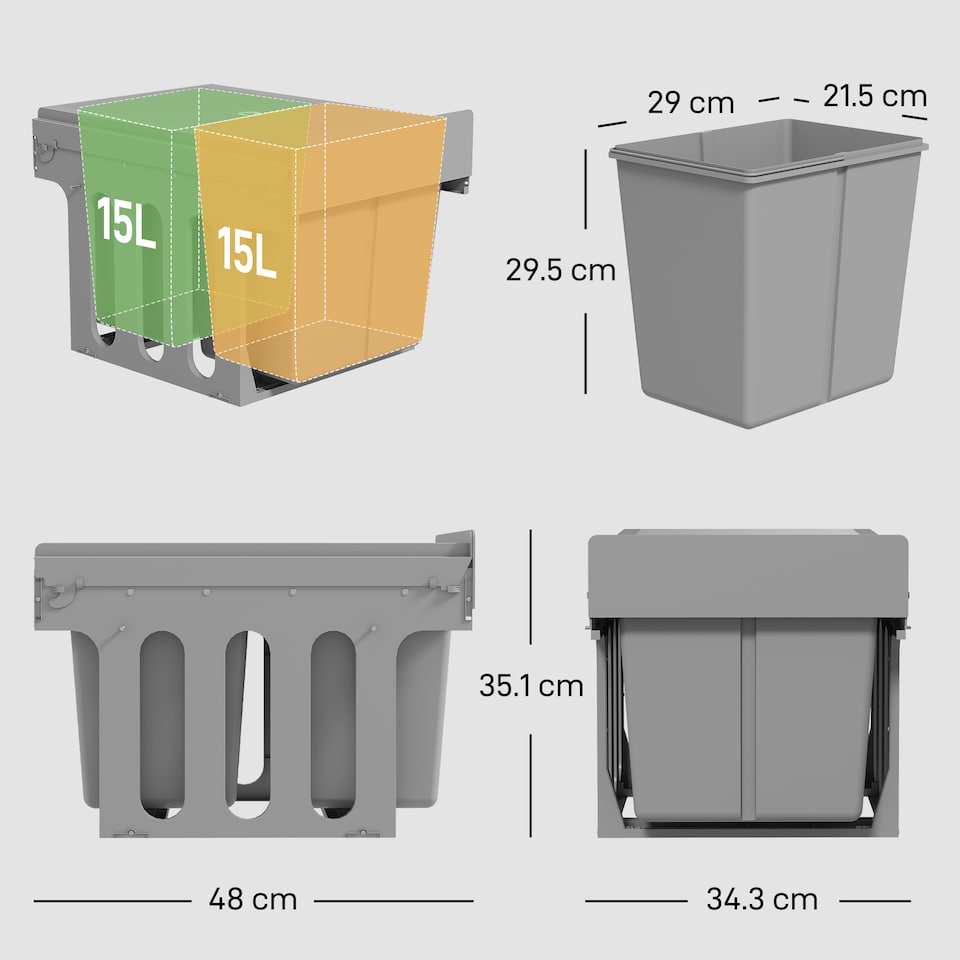 image 1 of HOMCOM 30L Pull Out Bin - 2 Compartments (15L Each), Soft Close Under Sink Bin with Removable Buckets for 400mm Cabinets, Kitchen Waste and Recycling, Base Mounted, Light Grey