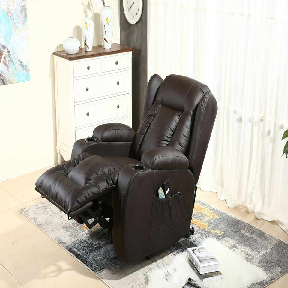 image 1 of Caesar Single Motor Rise Recliner Bonded Leather Heat & Massage Chair (Brown)