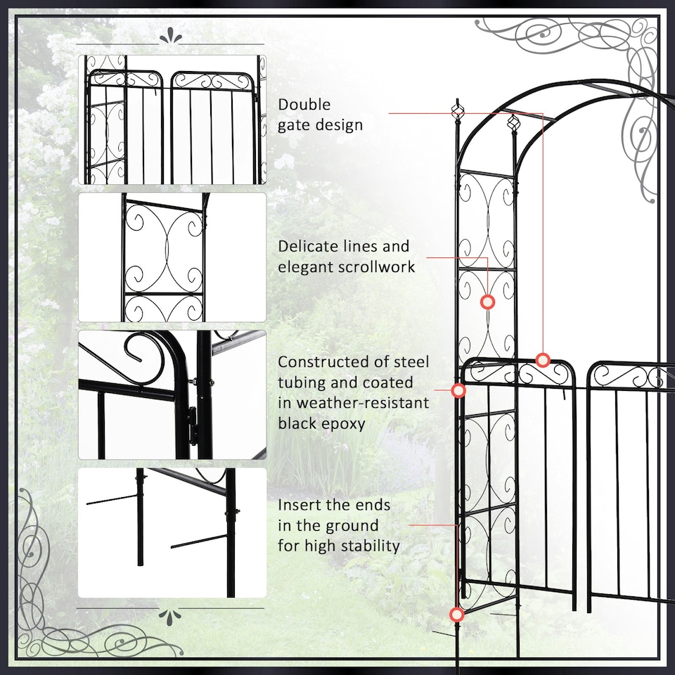 image 1 of Outsunny Metal Decorative Backyard Arch w/ Gate Garden Arbor for Climbing Plants