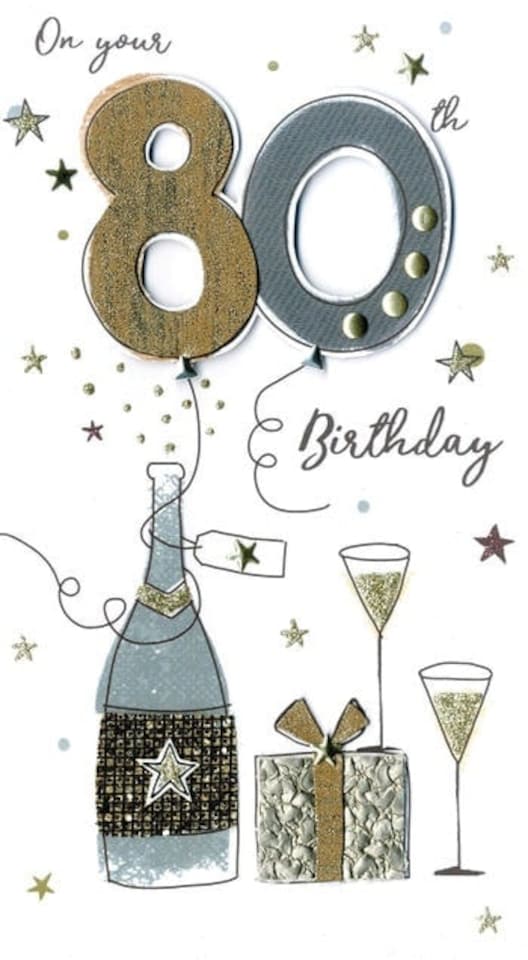 image 1 of Champagne & Gift 80th Birthday Card Hand-Finished Champagne Range