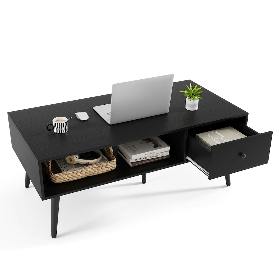 image 1 of COSTWAY 109 CM Coffee Table with Drawer and Storage Shelf Black Black