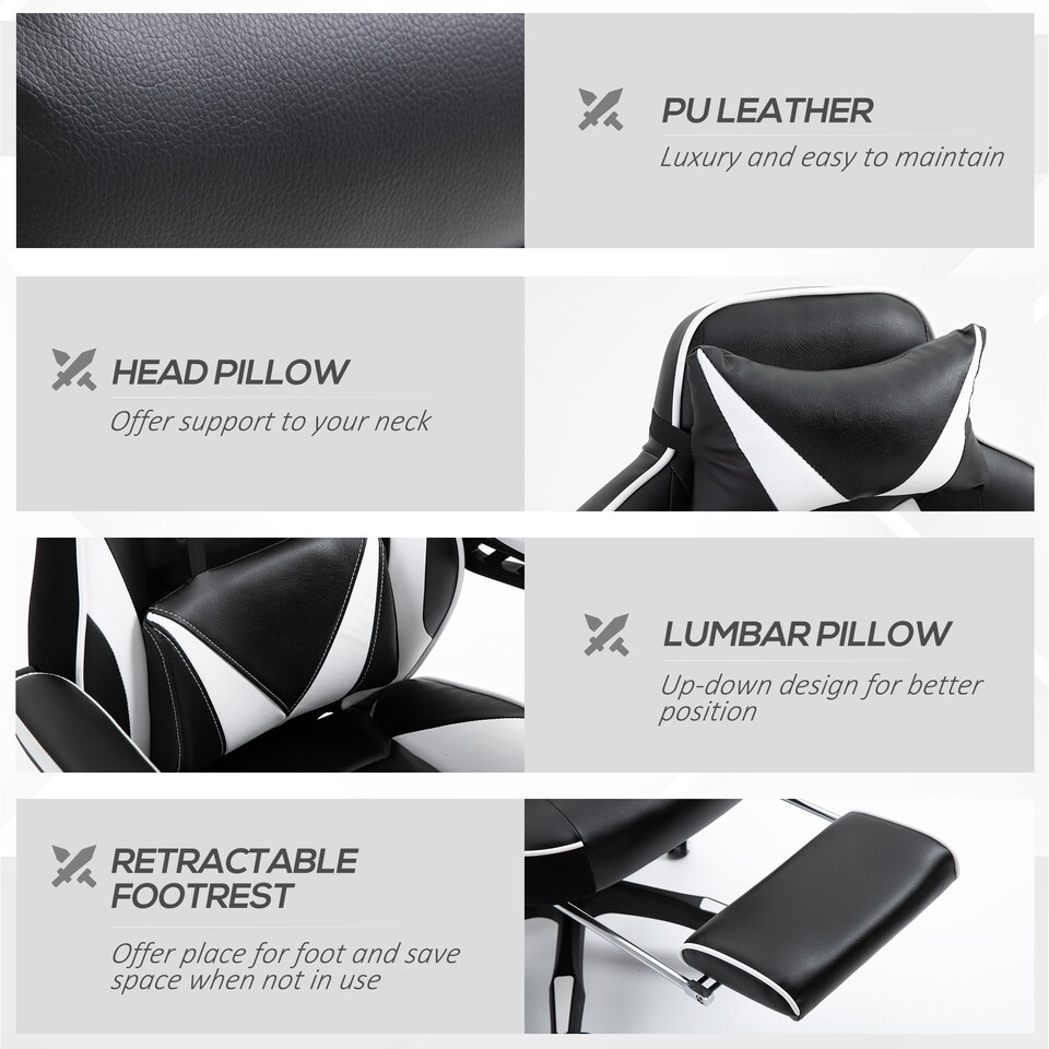 image 1 of Vinsetto Computer Gaming Chair, Racing Desk Chair with Lumbar Support and Footrest, PU Leather Gamer Chair with Headrest and Swivel Wheels for Home, White