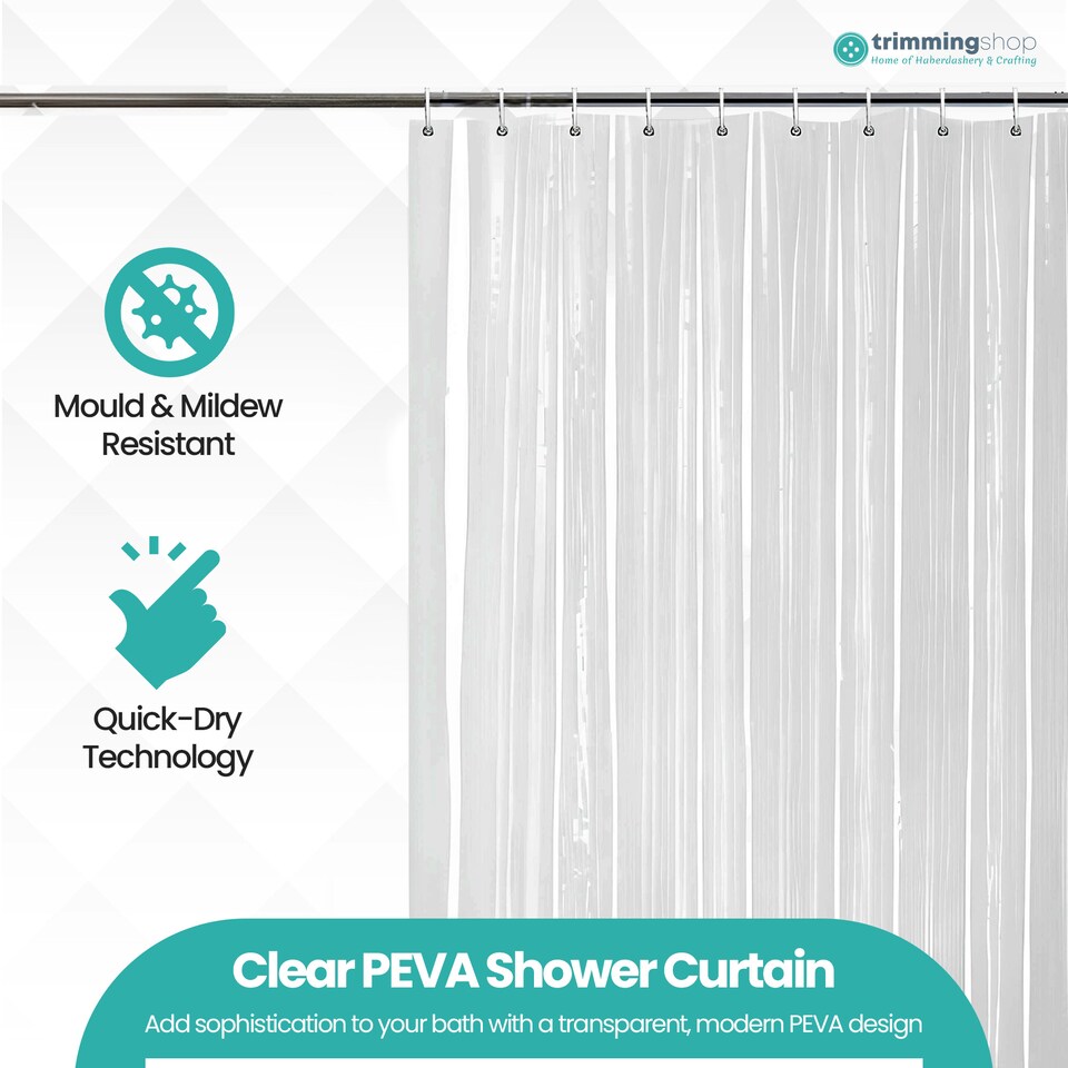 image 1 of PEVA Transparent Bathroom Shower Curtain with 12 Hooks - 180x200cm