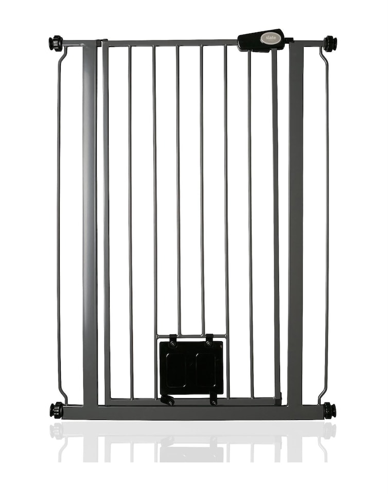 image 1 of Bettacare Pet Gate with Lockable Cat Flap, Narrow, 68.5cm - 75cm, Slate Grey, 104cm in Height