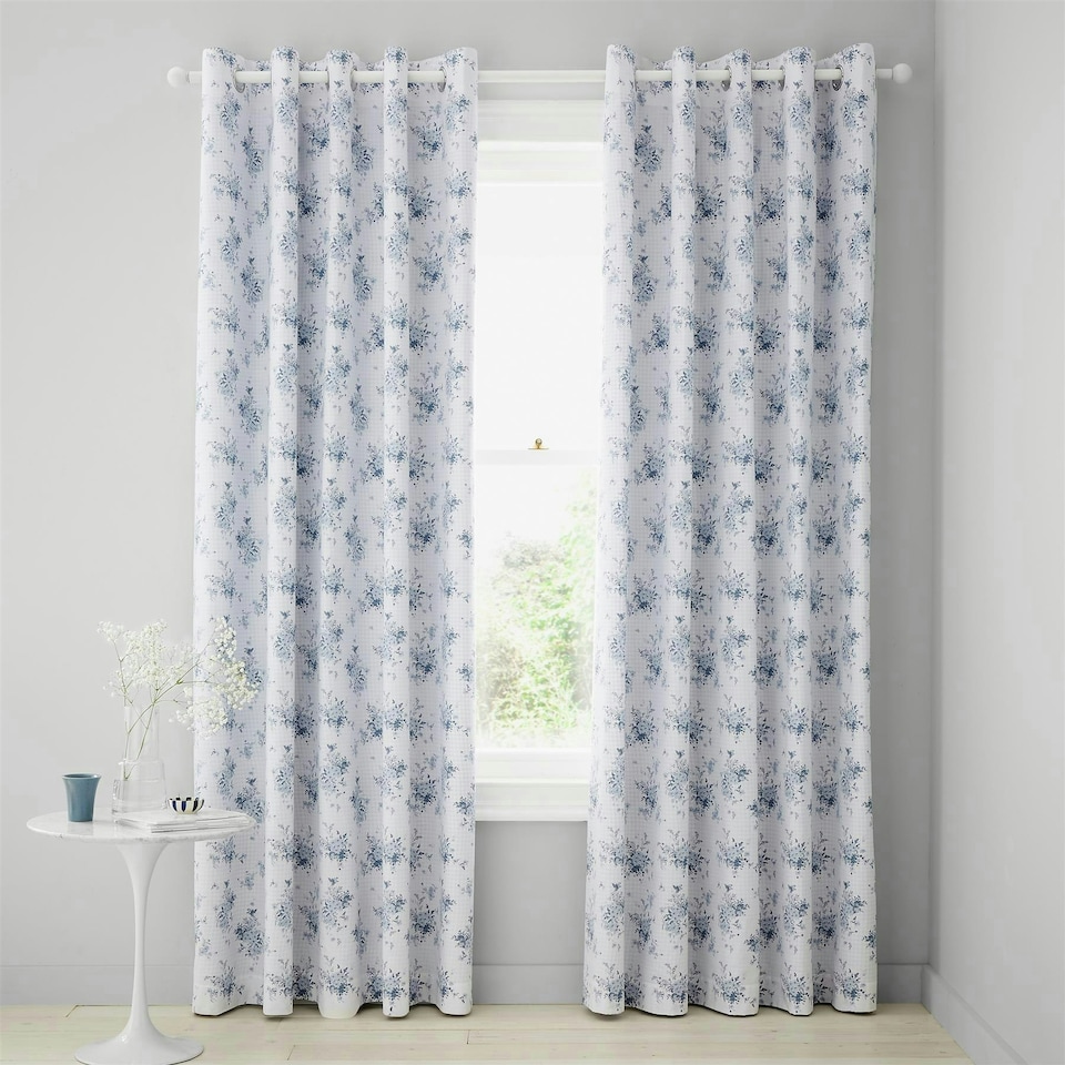 image 1 of Catherine Lansfield Lucie Floral Frill Fully Reversible Eyelet Curtains | Blue | 66x90"