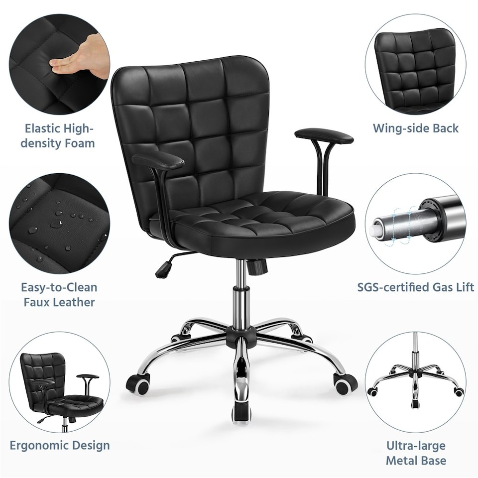image 1 of Yaheetech Mid-Back PU Leather Office Task Chair with Rolling Wheels | Black