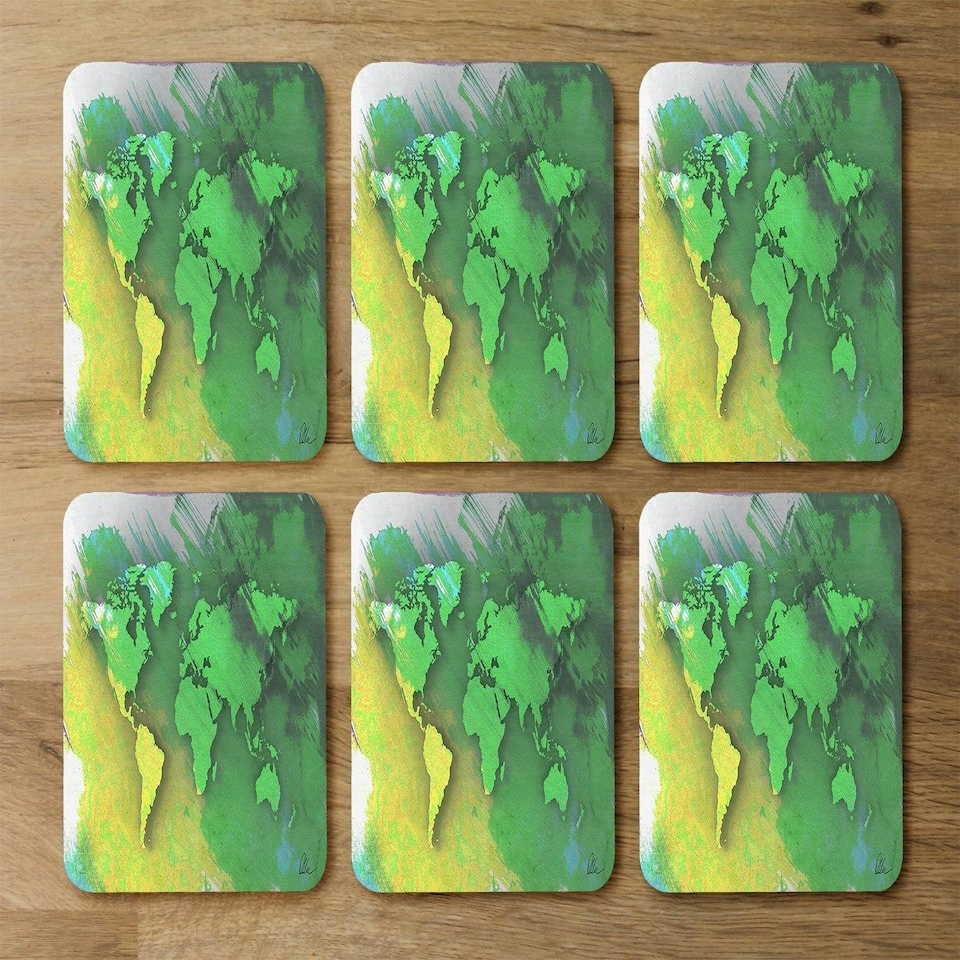 image 1 of World map yellow and green (Coaster)