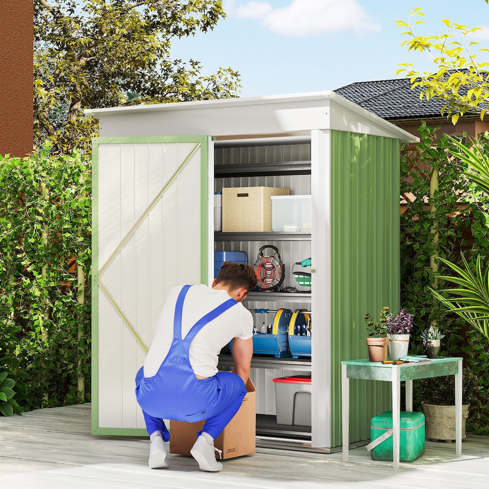 image 1 of Outsunny 5x3ft Garden Shed, Steel Small Shed, Outdoor Leanto Shed with Adjustable Shelf, Lock and Gloves for Patio, Garden, Green without Foundation Kit