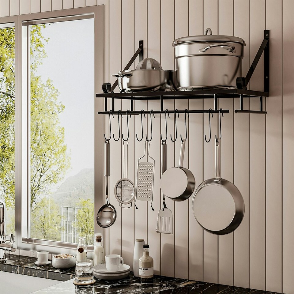 image 1 of Living and Home Kitchen Metal Shelves Pan & Pot Rack Storage Shelf with 10 Hooks Wall Mounted