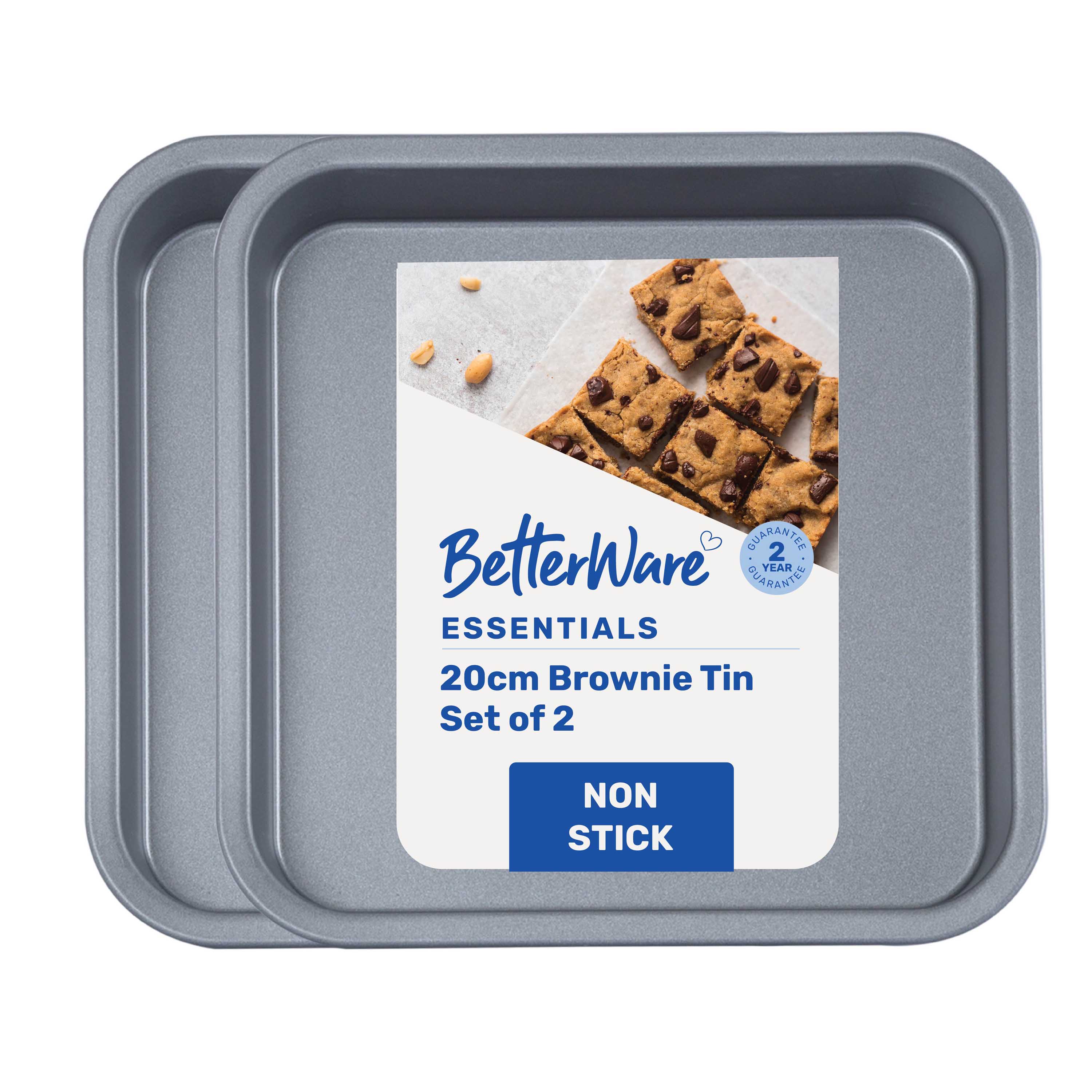 Betterware Essentials 2 x 20cm Non-Stick Brownie Tins in Silver | Size: 2 x 20 cm