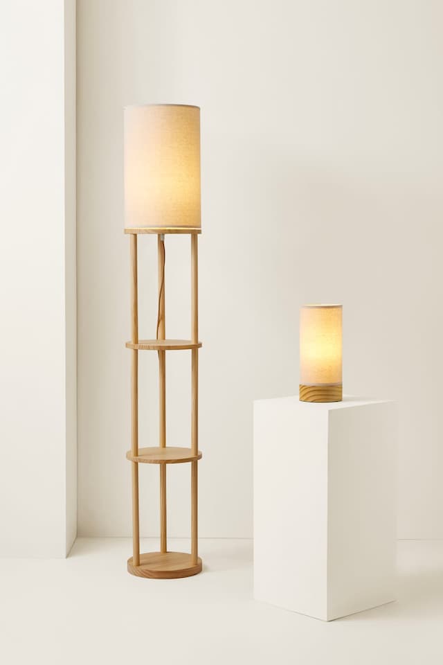image 1 of ValueLights Elsa Natural Bamboo Fabric Wooden Table Lamp & Bulb | Brown