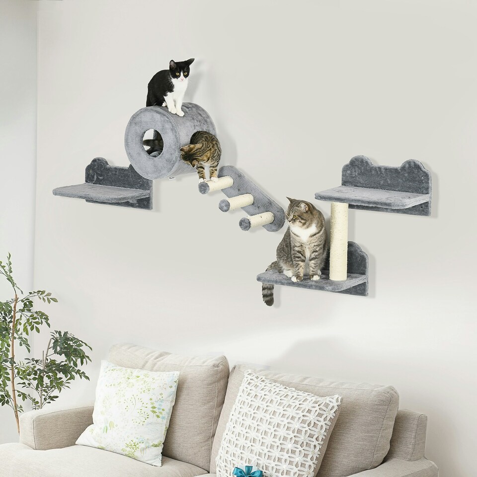 image 1 of PawHut 4PCs Wall Mounted Cat Furniture Set with Steps Scratching Post, Grey