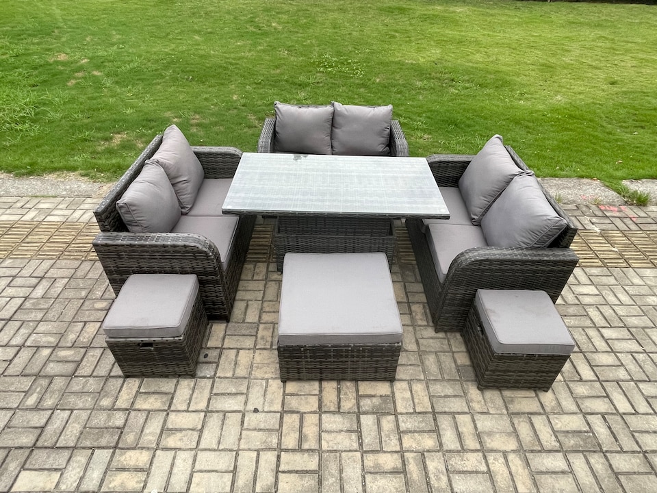 image 1 of Fimous Rattan Garden Outdoor Furniture 3 PC Love Sofa Set Adjustable Rising lifting Dining Table With 3 Footstools