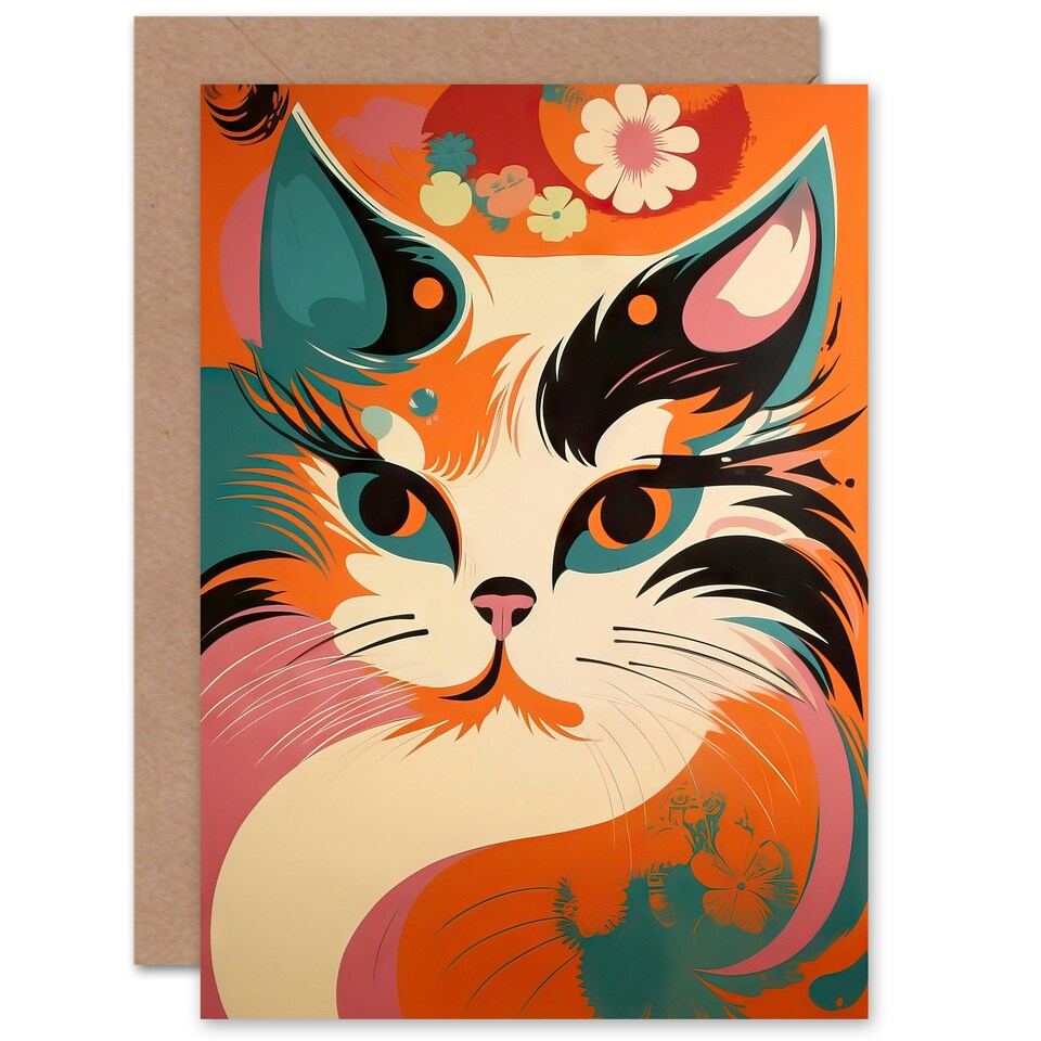 image 1 of Cat Lover Orange Blue Pink Floral Boho Retro Animal Greeting Card