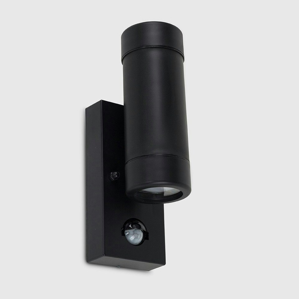 image 1 of ValueLights Pair of Black PIR Outdoor Wall Up-Down Lights with 3W Warm White Bulbs