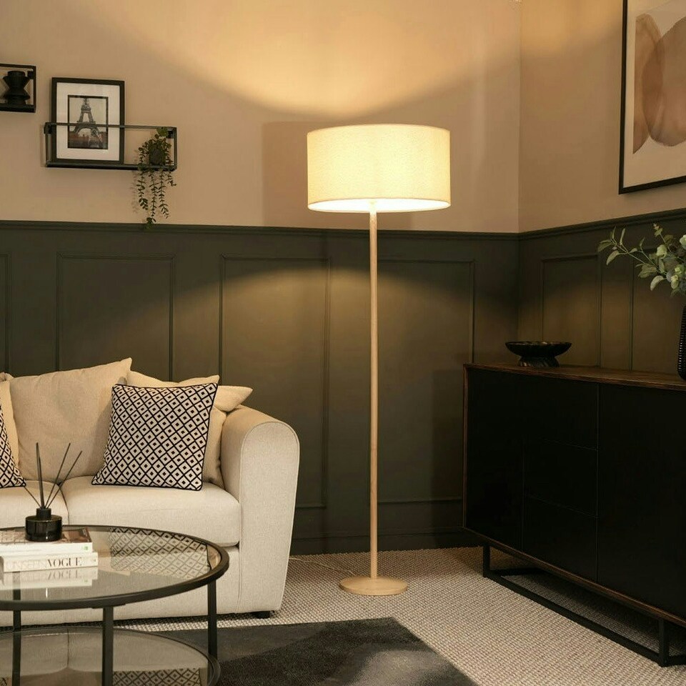 image 1 of ValueLights Triston Painted Natural Floor Lamp with Large Cream Drum Shade and LED Bulb