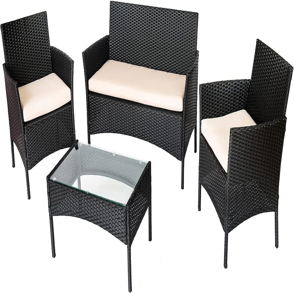 image 1 of Straame 4PC Rattan Garden Furniture Set with Table, 2 Cushioned Chairs & Double Sofa, (Black) Black