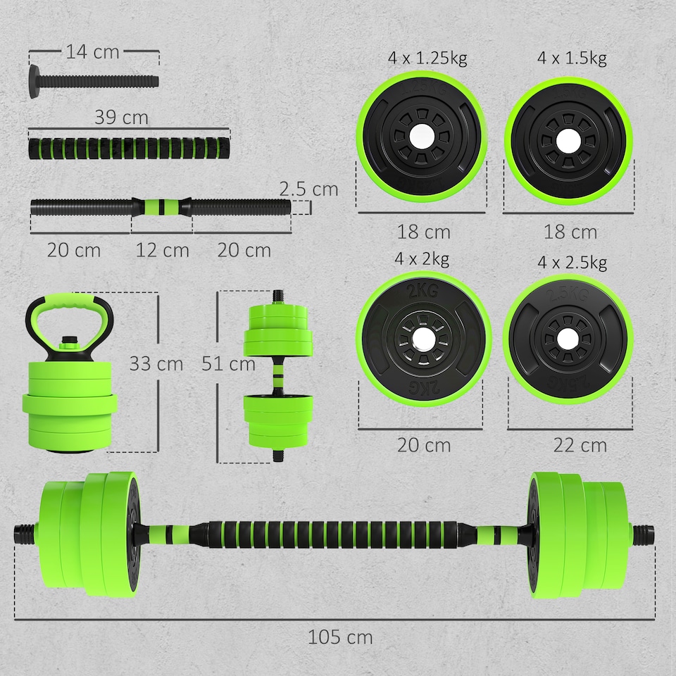 image 1 of SPORTNOW Weight Dumbbells Set, Barbell, Kettlebell, Push Up Stand, 30kg | Green | Green | Standard