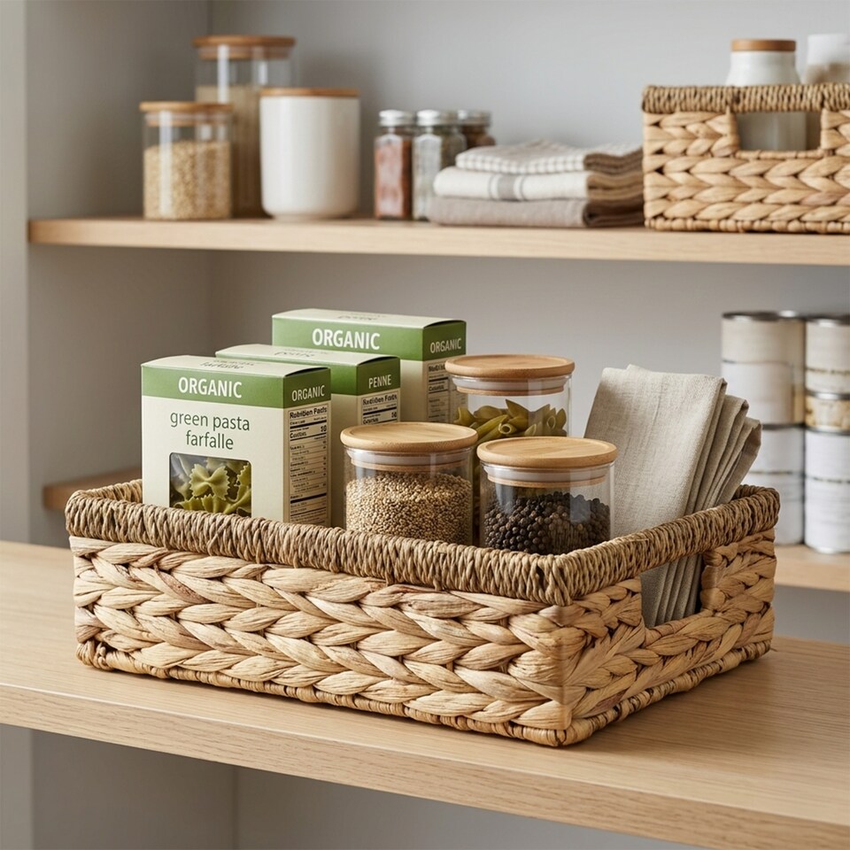image 1 of Wickerfield Shallow Woven Water Hyacinth Basket, Wicker Hamper Basket with Handle, Storage Baskets for Bathroom Toys Gift with Seagrass Border (Medium)