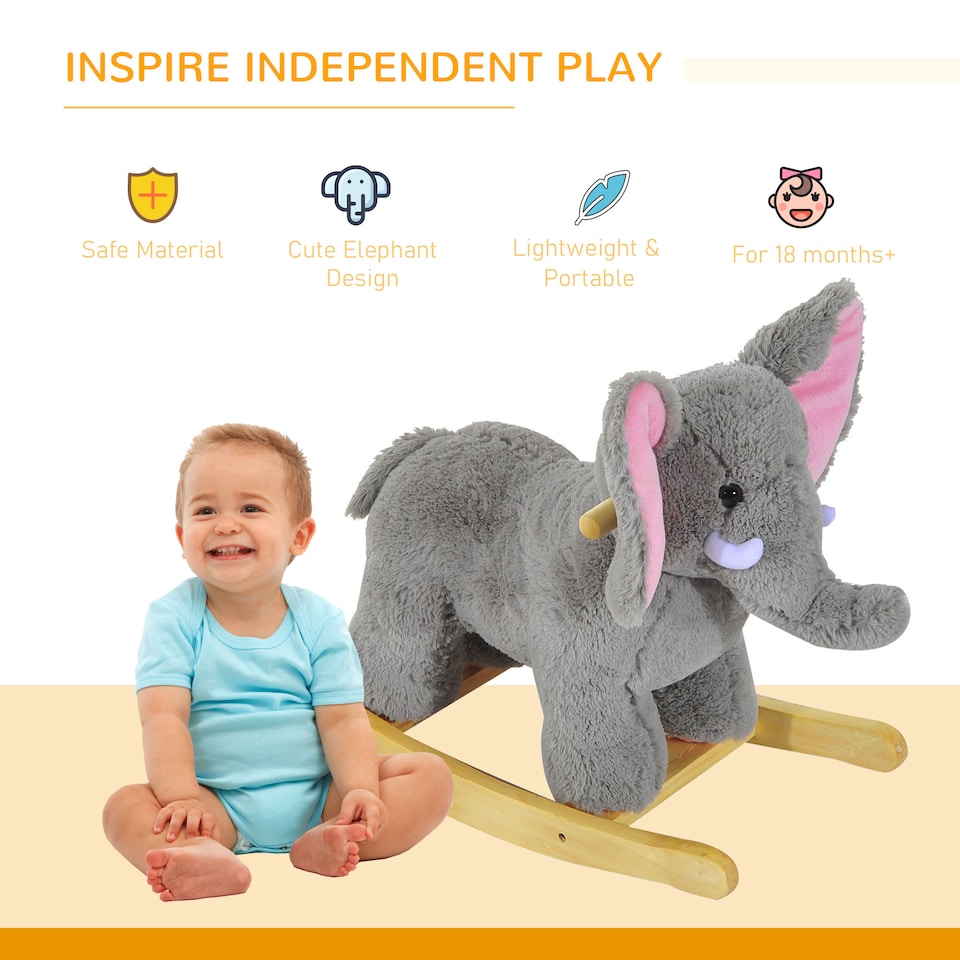 image 1 of HOMCOM Kids Children Rocking Horse Plush Ride on Animal Wooden Riding Traditional Rocker Gift with32 nursery rhymes (Grey Elephant)