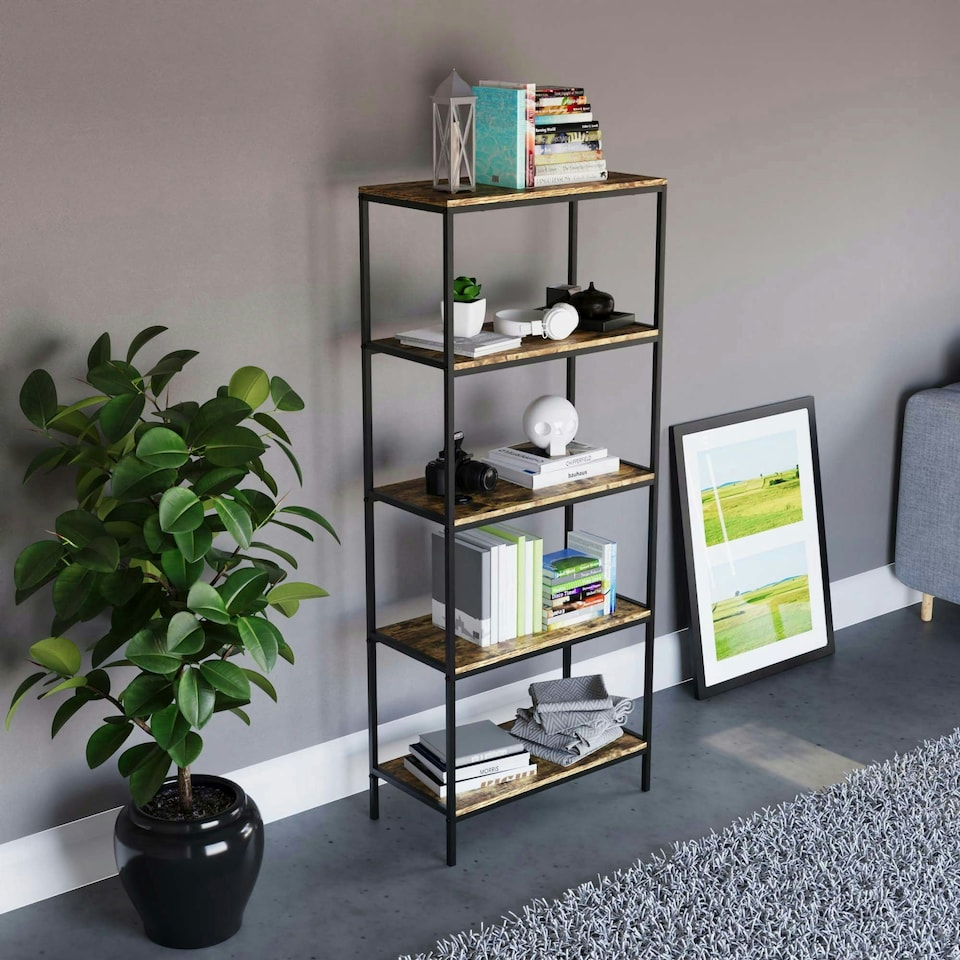 image 1 of Vida Designs Brooklyn 5 Tier Bookcase Industrial Style Display Storage, Dark Wood
